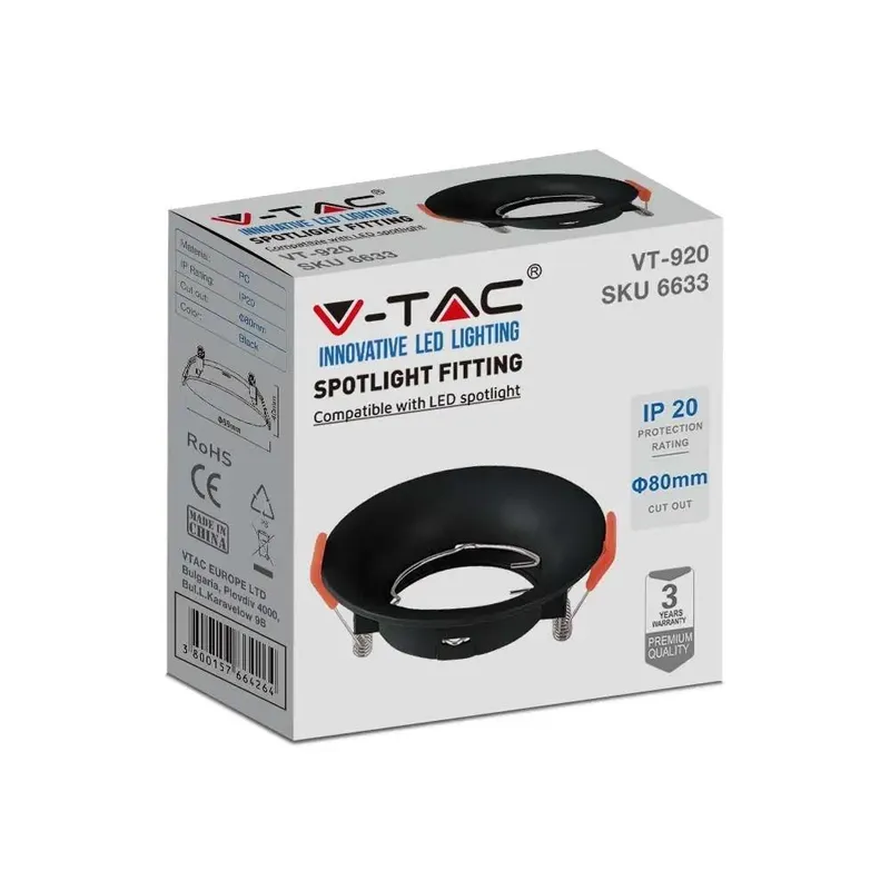 Oczko V-TAC GU10 Wpuszczane Okrągłe VT-920 3 Lata Gwarancji - Czarne