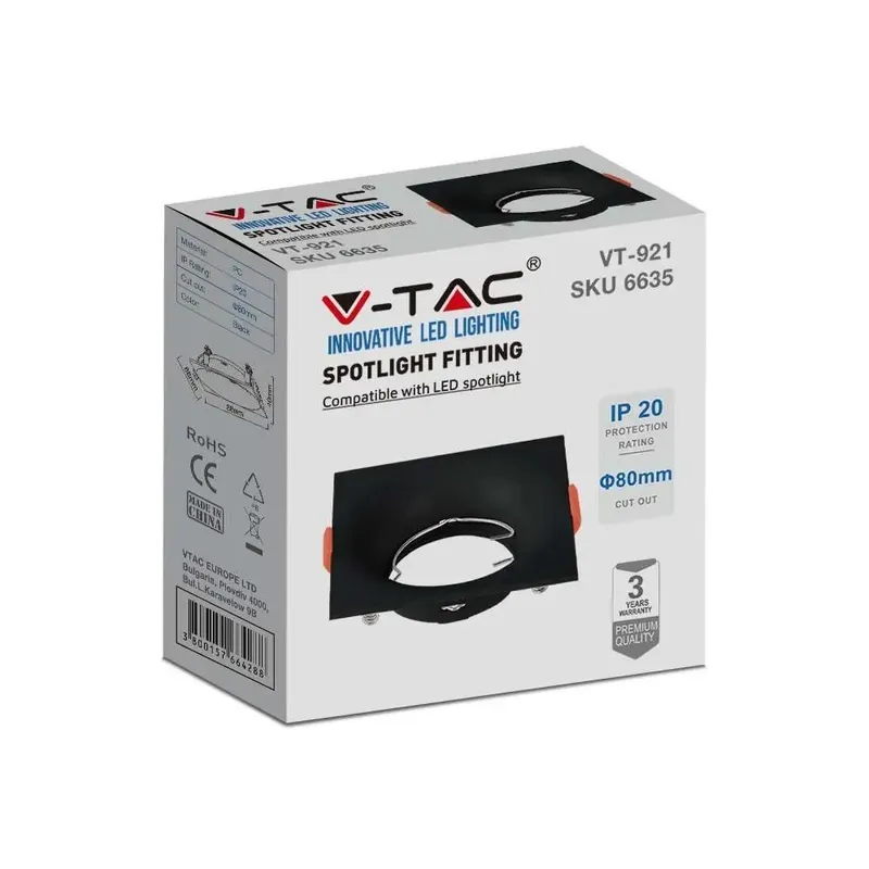 Oczko V-TAC GU10 Wpuszczane Kwadrat VT-921-B 3 Lata Gwarancji - Czarne