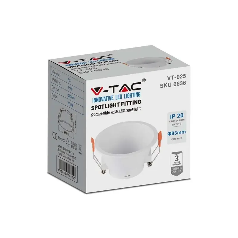 Oczko V-TAC GU10 Wpuszczane Głębokie Okrągłe VT-925-W 3 Lata Gwarancji - Białe