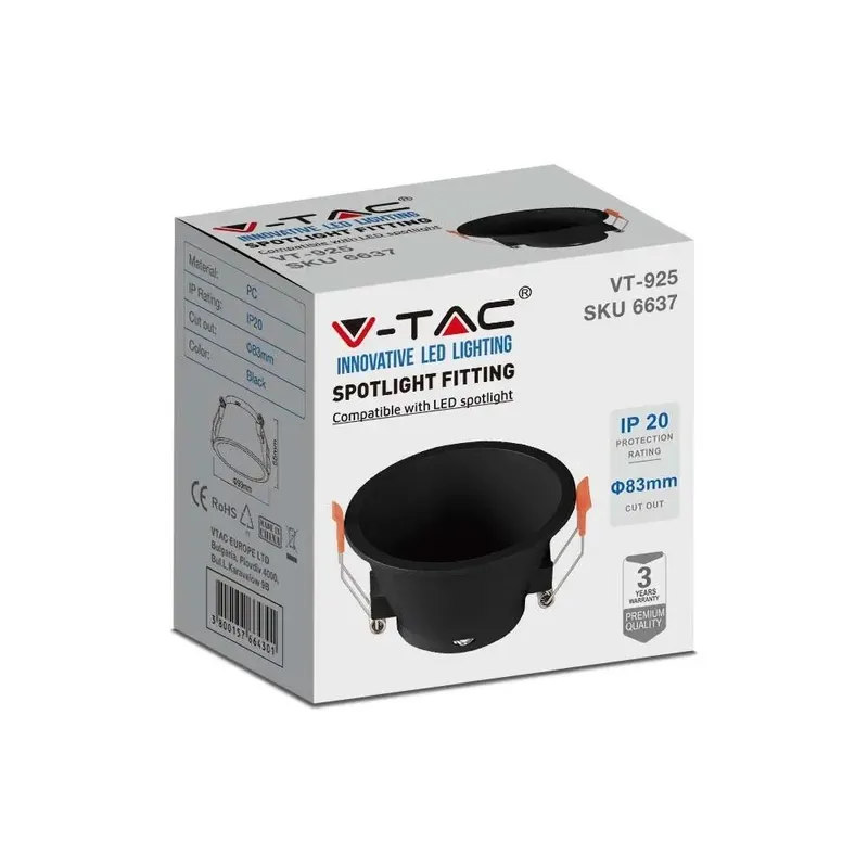 Oczko V-TAC GU10 Wpuszczane Głębokie Okrągłe VT-925 3 Lata Gwarancji - Czarne