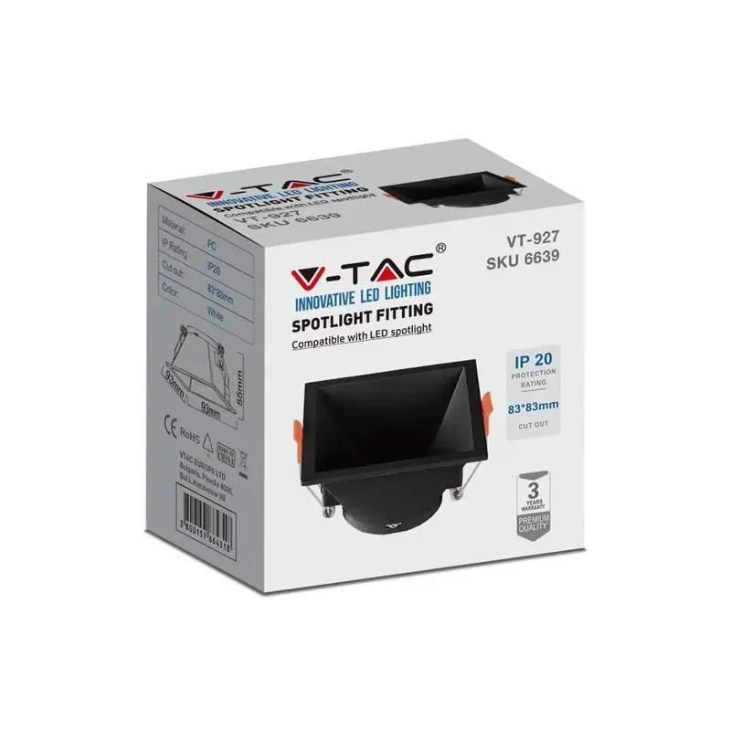 Oczko V-TAC GU10 Wpuszczane Głębokie Kwadrat VT-927 3 Lata Gwarancji - Czarne