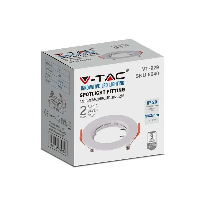 Oczko V-TAC GU10 Wpuszczane Okrągłe (Opak. 2 Szt) VT-929-W 3 Lata Gwarancji - Białe