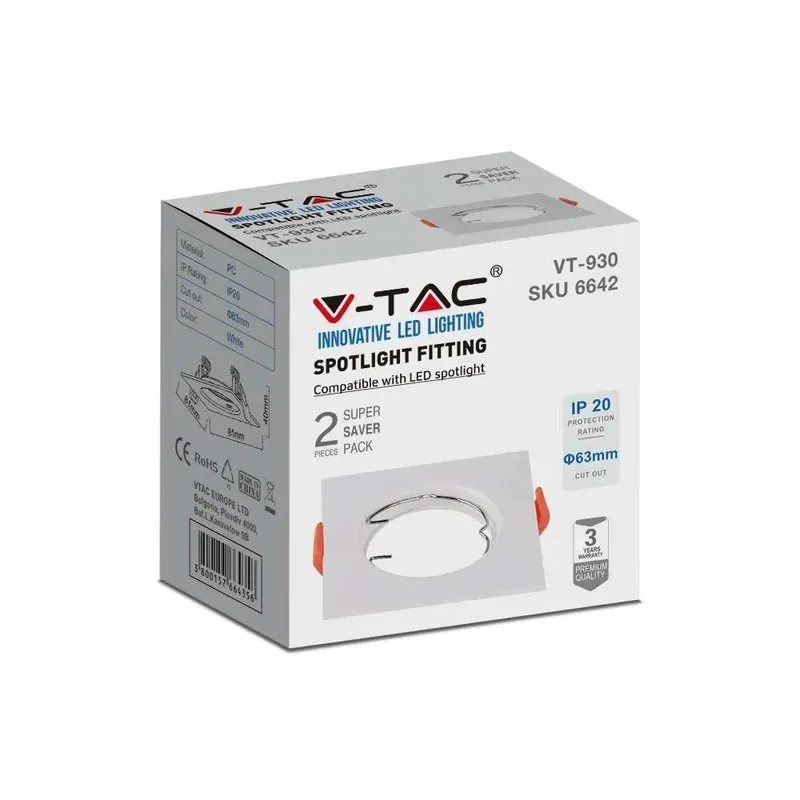 Oczko V-TAC GU10 Wpuszczane Kwadrat (Opak. 2 Szt) VT-930 3 Lata Gwarancji - Białe