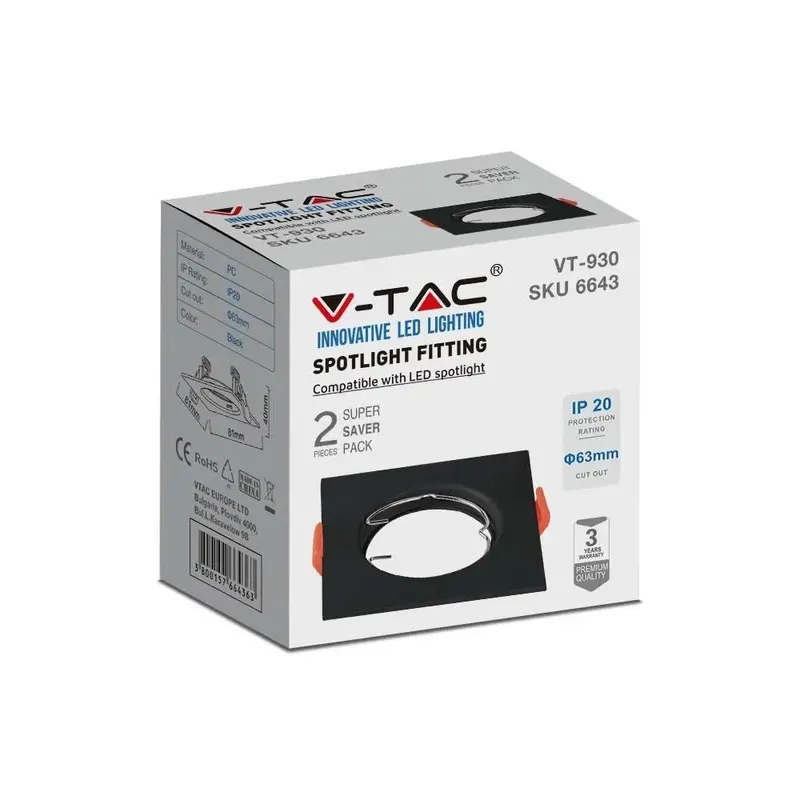 Oczko V-TAC GU10 Wpuszczane Kwadrat (Opak. 2 Szt) VT-930 3 Lata Gwarancji - Czarne