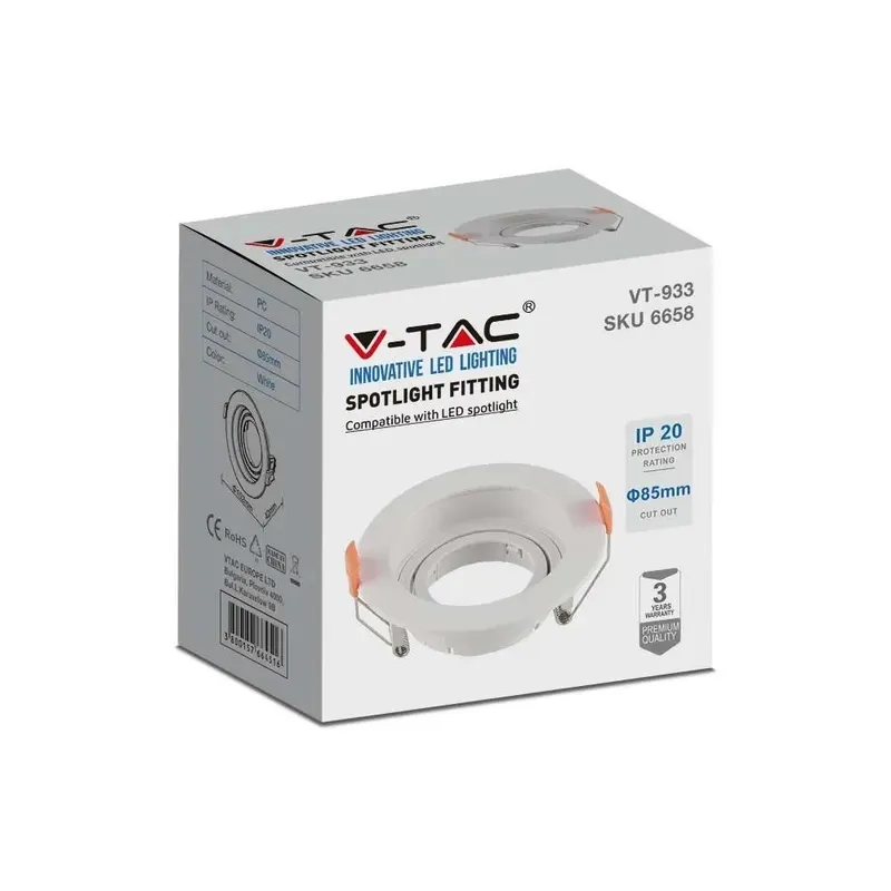 Oczko V-TAC GU10 Wpuszczane Okrągłe VT-933 3 Lata Gwarancji - Białe