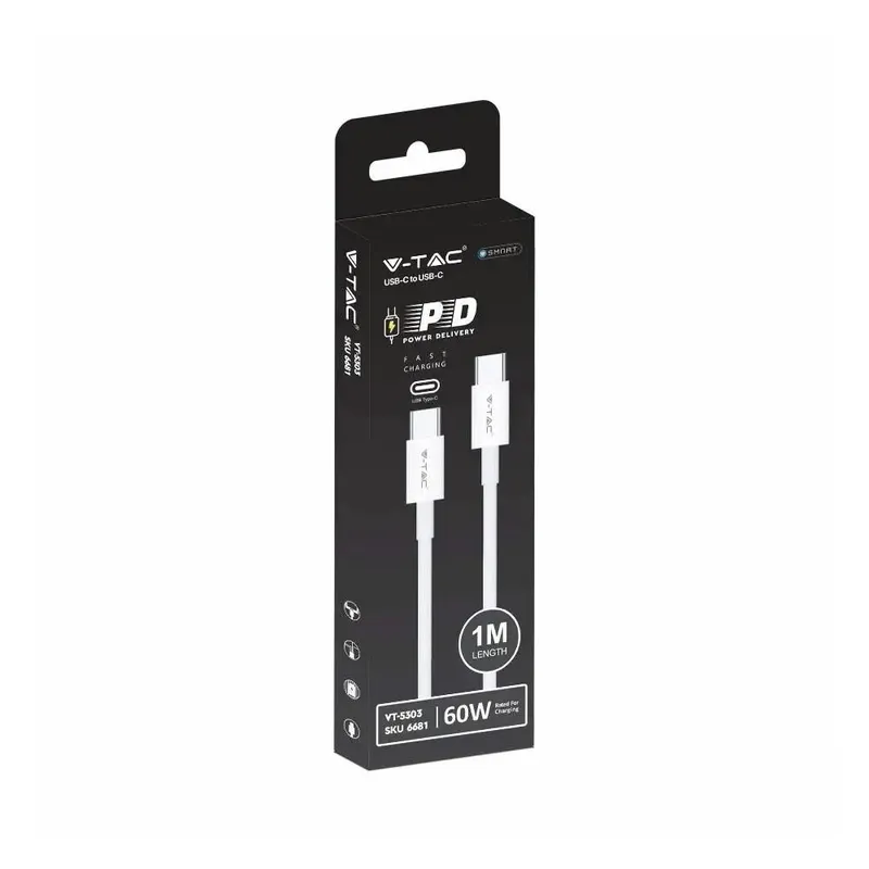 Przewód Type C Do Typ C USB 1mb High Speed 60W V-TAC VT-5303-W - Biały