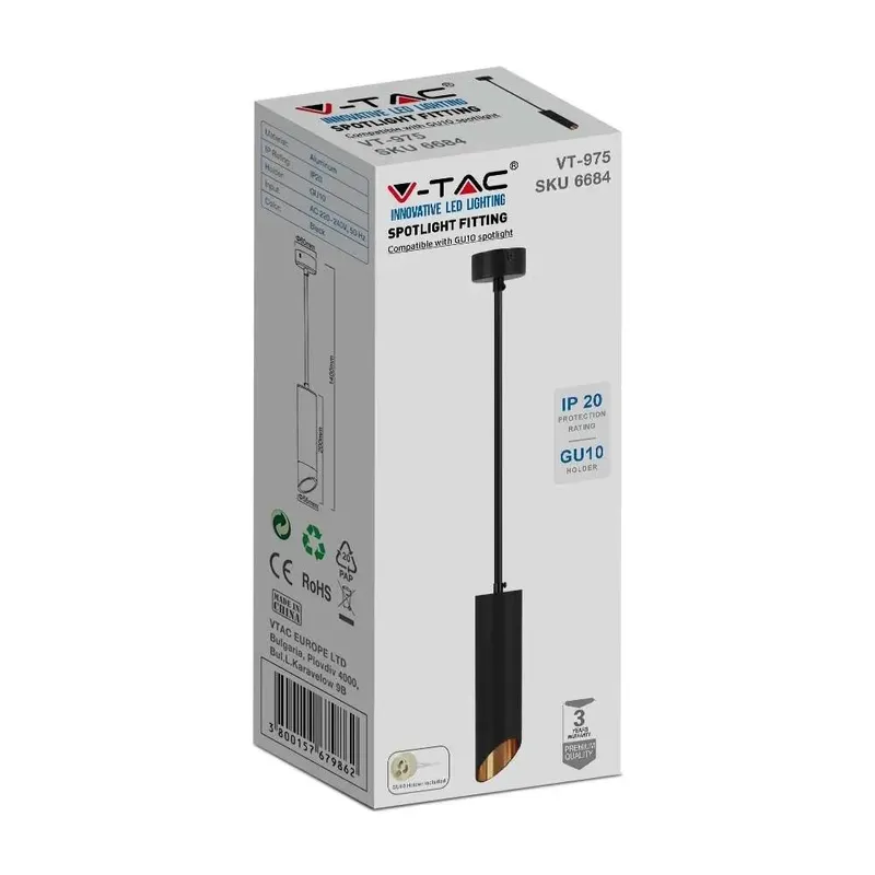 Oprawa Zwieszana V-TAC GU10 GU10 Czarny+złoty 55x200mm VT-975-200 3 Lata Gwarancji