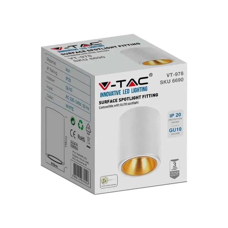 Oprawa V-TAC GU10 Okrągła Natynkowa Tuba Biała+złoty 98x118mm VT-978RD 3 Lata Gwarancji