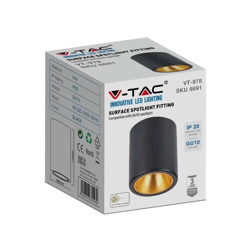 Oprawa V-TAC GU10 Okrągła Natynkowa Tuba Czarna+złoty 98x118mm VT-978RD 3 Lata Gwarancji