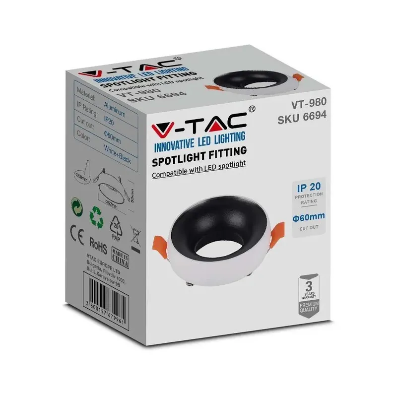 Oczko V-TAC GU10 Wpuszczane Okrągłe Biały+czarny VT-980RD 3 Lata Gwarancji