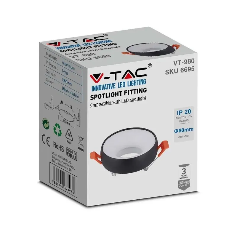 Oczko V-TAC GU10 Wpuszczane Okrągłe Czarne+biały VT-980RD 3 Lata Gwarancji