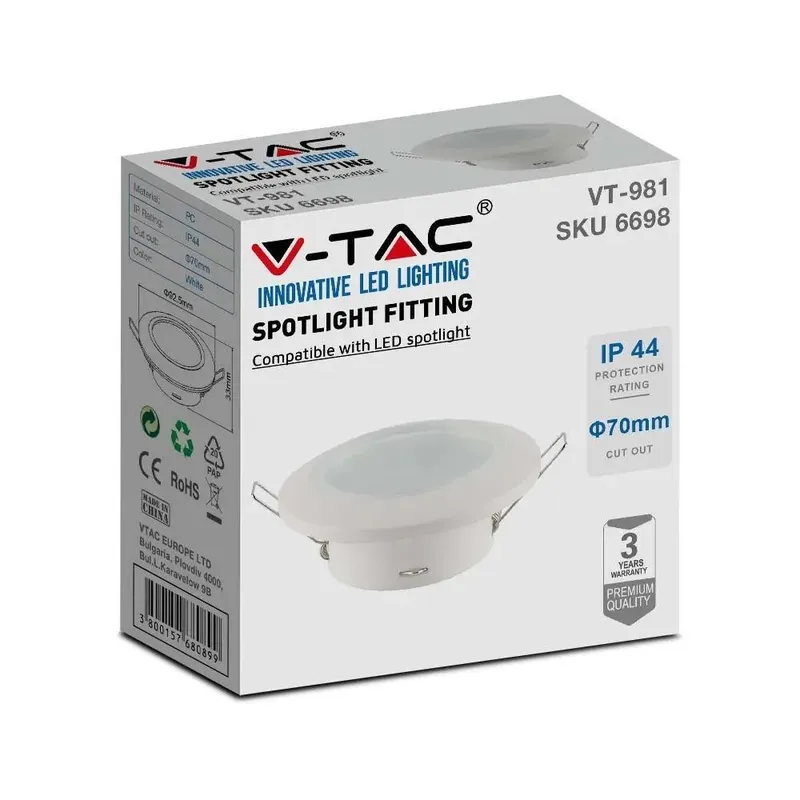 Oczko V-TAC GU10 Wpuszczane Okrągłe Szczelne Z Szybą IP44 VT-981 3 Lata Gwarancji - Białe