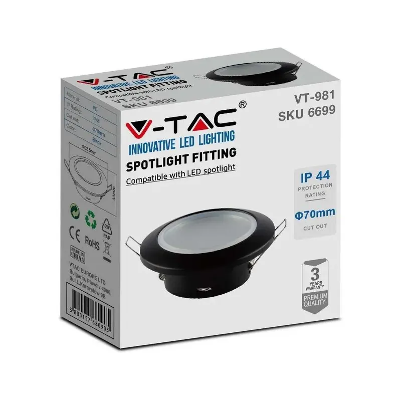 Oczko V-TAC GU10 Wpuszczane Okrągłe Szczelne Z Szybą IP44 VT-981 3 Lata Gwarancji - Czarny