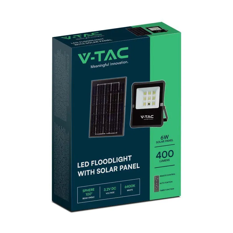 Naświetlacz LED Solarny V-TAC 6W Pilot Auto Timer IP65 VT-55050 6400K 400LM