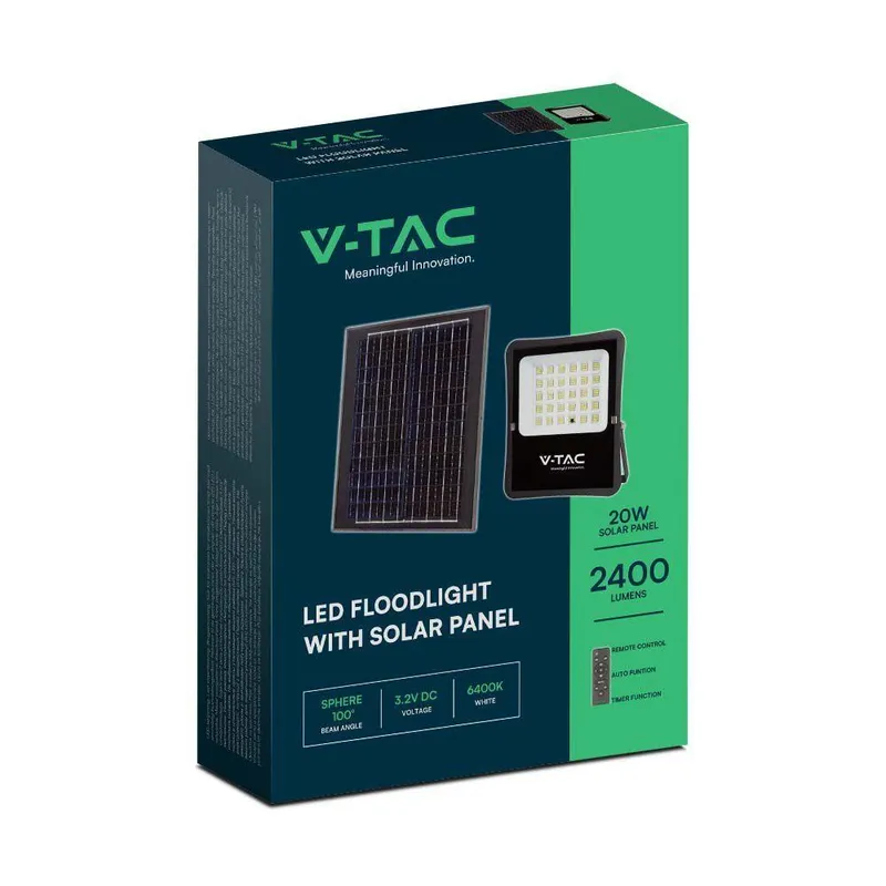 Naświetlacz LED Solarny V-TAC 20W Pilot Auto Timer IP65 VT-55300 6400K 2400LM