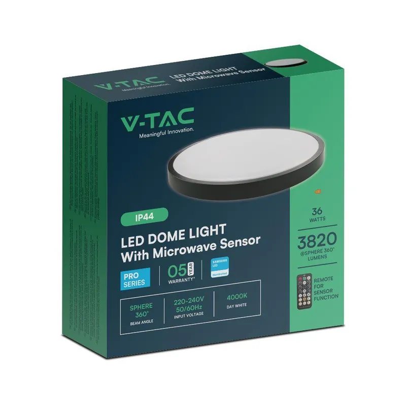 Oprawa Sufitowa Plafoniera V-TAC 36W LED SAMSUNG CHIP Okrągły 42cm Natynkowy Pilot Czujnik Ruchu IP44 VT-8630S 4000K 3820LM 5 Lat Gwarancji - Czarny