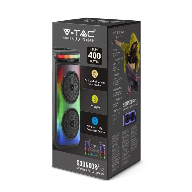 Głośnik Przenośny V-TAC 400W Mikrofon Pilot BT USB TF FM AUX TWS Karaoke VT-4000W