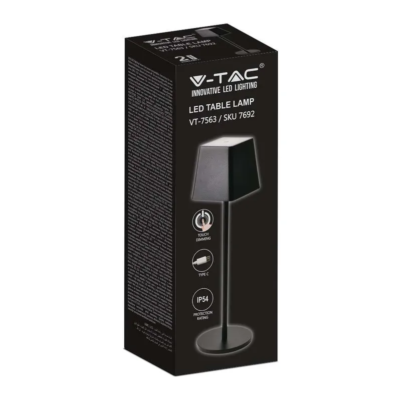 Lampka Stołowa Nocna V-TAC 2W LED 36cm Ładowanie Ściemnianie IP54 VT-7563 3000K 200LM - Czarna