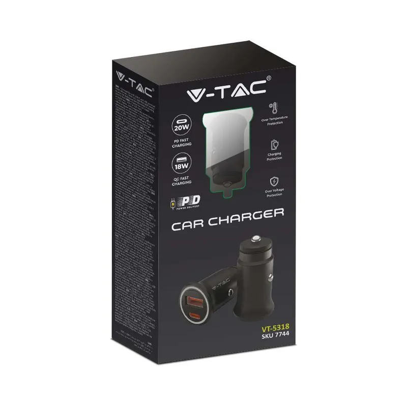 Samochodowa Ładowarka Do Zapalniczki V-TAC USB 12-24V 18W+USB-C 20W VT-5318