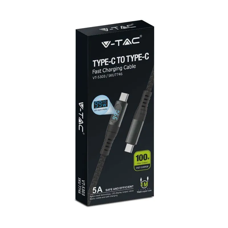Przewód Type C Do Typ C USB V-TAC 1mb High Speed LCD 100W VT-5303 - Czarny