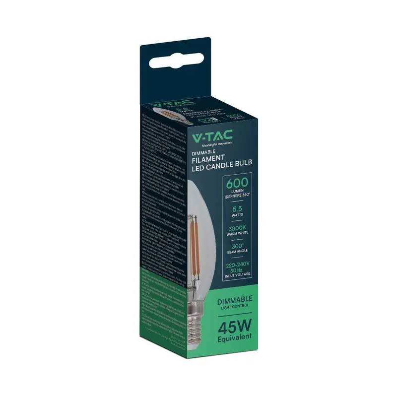 Żarówka LED V-TAC 5,5W E14 Filament Świeczka Ściemnialna VT-21125 4000K 600LM
