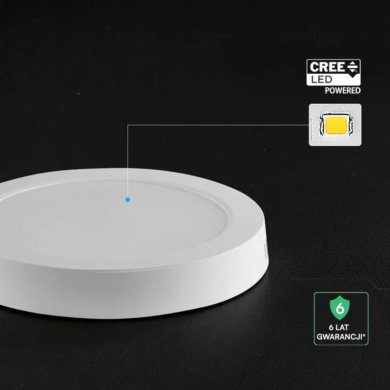 Panel Natynkowy Downlight V-TAC 12W LED CREE CHIP Okrągły 167x30mm VT-60012CCT 3000K-4000K-6500K 1320LM 6 Lat Gwarancji