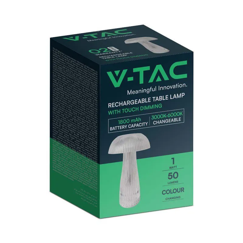 Lampka Stołowa Nocna V-TAC 1W LED 25cm Ładowanie USB Ściemnianie Przezroczysta VT-1040 3000K-6000K 50LM
