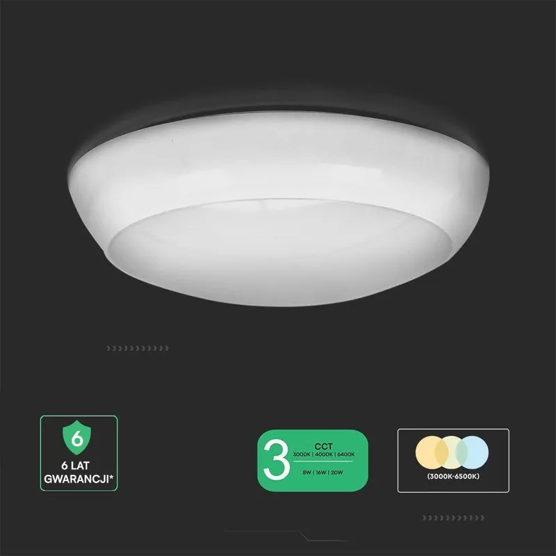 Oprawa Sufitowa Plafoniera LED V-TAC CCT 8W/16W/20W CREE CHIP IP65 IK08 135LM/W VT-8603 3000K-4000K-6500K 2700LM 6 Lat Gwarancji