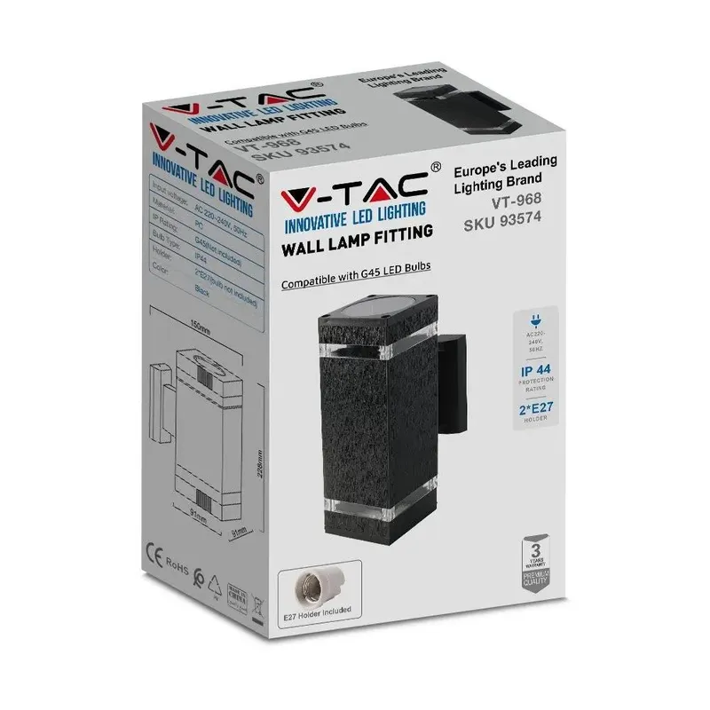 Kinkiet Ogrodowy V-TAC IP44 2XE27 Kwadrat Góra Dół VT-968 - Czarny