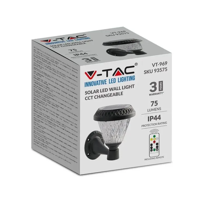 Kinkiet Ogrodowy V-TAC Solarny Z Pilotem 3w1 IP44 Okrągły VT-969 3000K-4000K-6400K 75 3 Lata Gwarancji - Czarny
