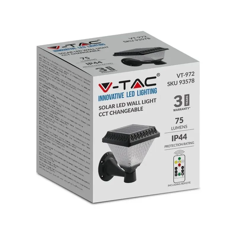 Kinkiet Ogrodowy V-TAC Solarny Z Pilotem 3w1 IP44 Kwadrat VT-972 3000K-4000K-6400K 75 3 Lata Gwarancji - Czarny