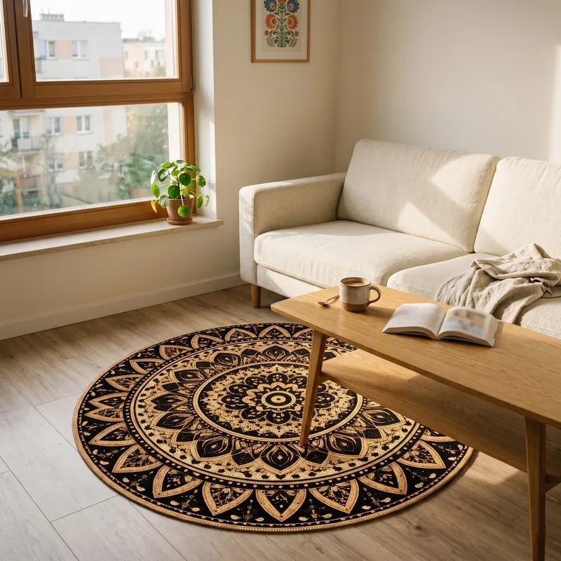Dywan Okrągły Mandala 120x120 Do Salonu Orientalny Antypoślizgowy