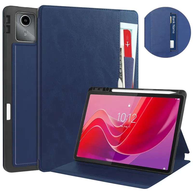 Etui Skórzane Do Lenovo Tab M11 10.95 Z Kieszeniami I Podstawką - Granatowe