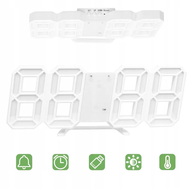 Zegar Cyfrowy LED 3D 4w1 Budzik Termometr Data Alarm - Biały