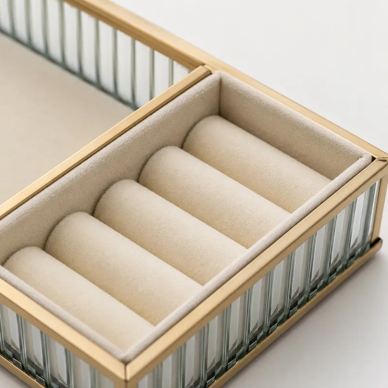 Szklana Szkatułka Organizer Na Biżuterię 26x13x4cm Welurowa - Beżowa
