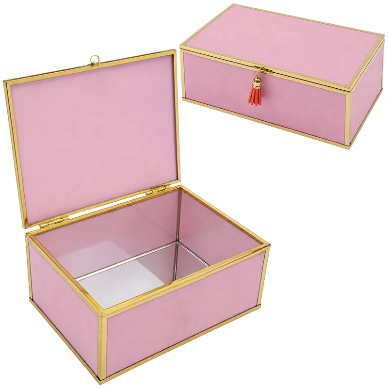 Szkatułka Na Biżuterię 18x13x7 cm Organizer Welurowa - Różowa