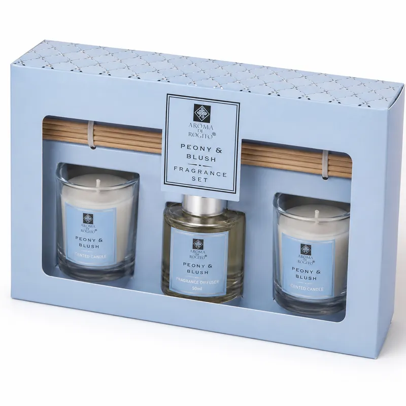 Zestaw Dyfuzor Zapachowy Patyczki 50 ml + 2 Świece Peony & Blush