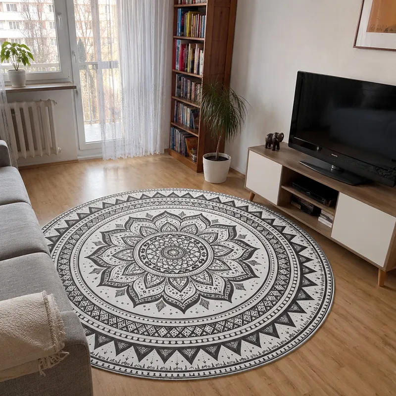Dywan Okrągły Mandala 90x90 Do Salonu Orientalny Antypoślizgowy