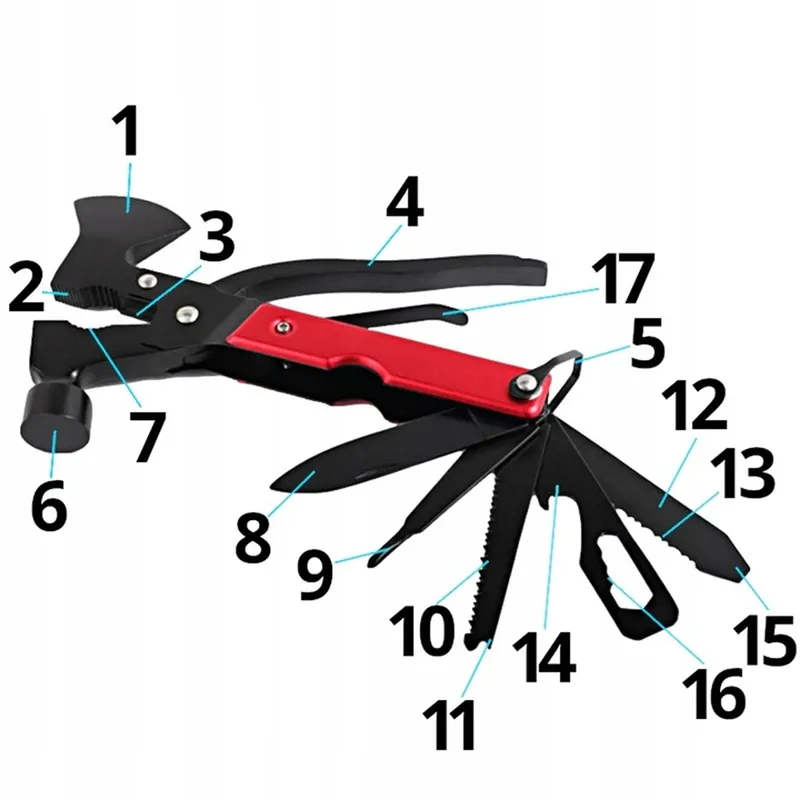Multitool 17w1 Składany Scyzoryk Nóż Piła Survival - Czerwony