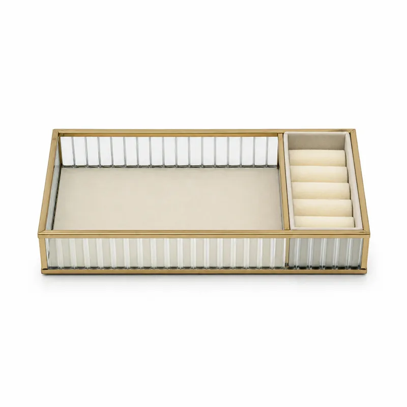 Szklana Szkatułka Organizer Na Biżuterię 26x13x4cm Welurowa - Beżowa