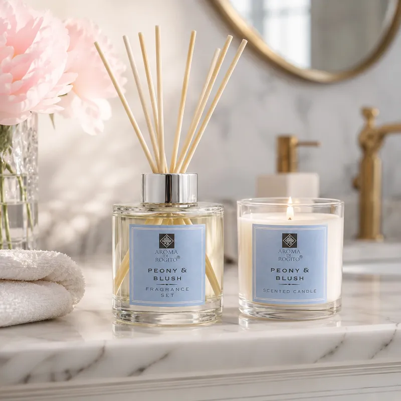 Zestaw Dyfuzor Zapachowy Patyczki 50 ml + 2 Świece Peony & Blush