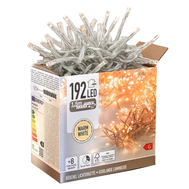 Lampki Choinkowe 192 LED Ciepłe Wewnętrzne Zewnętrzne 4 5m Timer - Białe