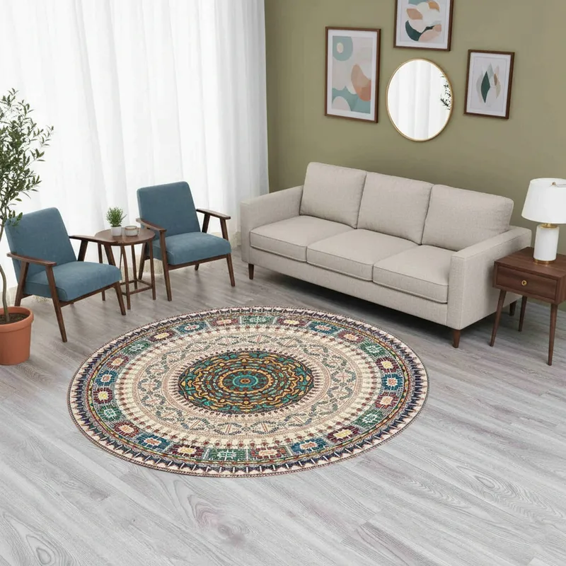 Dywan Okrągły Novo 150x150 cm Do Salonu Orientalny - Beżowy