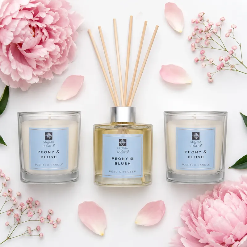 Zestaw Dyfuzor Zapachowy Patyczki 50 ml + 2 Świece Peony & Blush