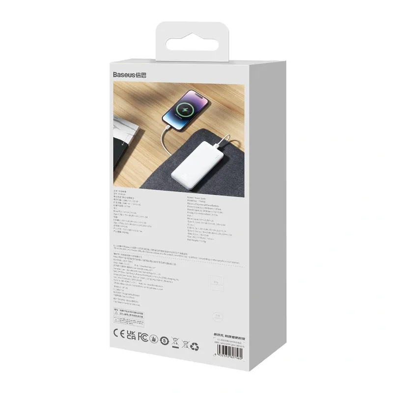 Powerbank BASEUS Airpow 20W 10000mAh Z Kablem USB-C - Biały