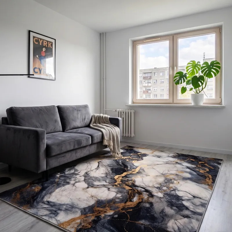 Dywan Do Salonu 160x120 Nowoczesny NOVO Marmur Antypoślizgowy - Czarny