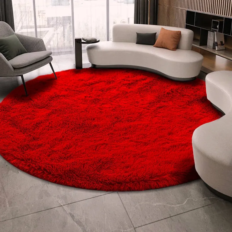 Dywan Okrągły Shaggy 90x90 cm Pluszowy Miękki - Czerwony
