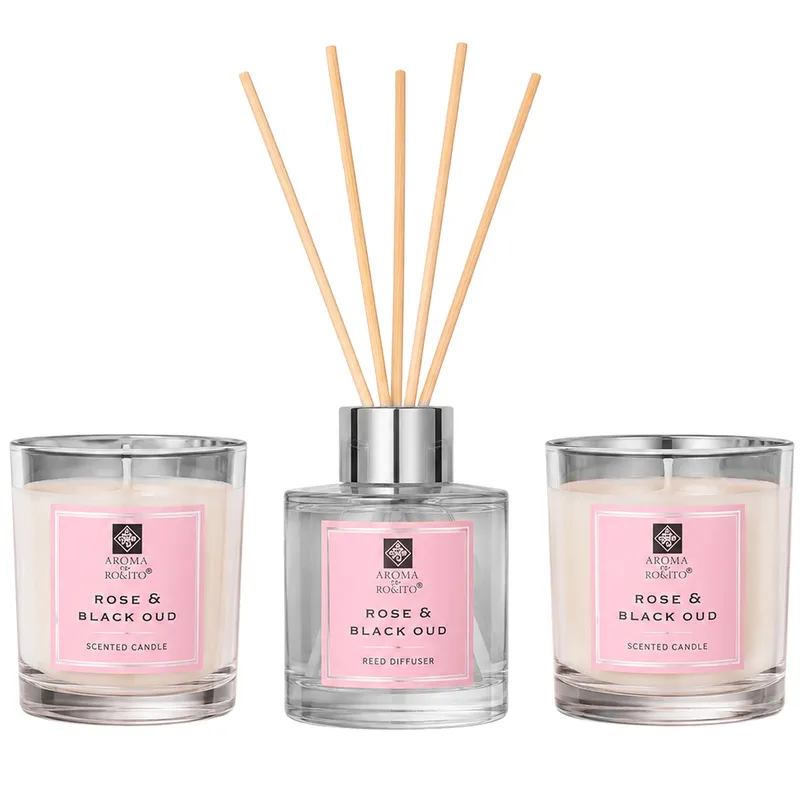 Zestaw Dyfuzor Patyczki 50 ml + 2 Świece Rose & Black Oud