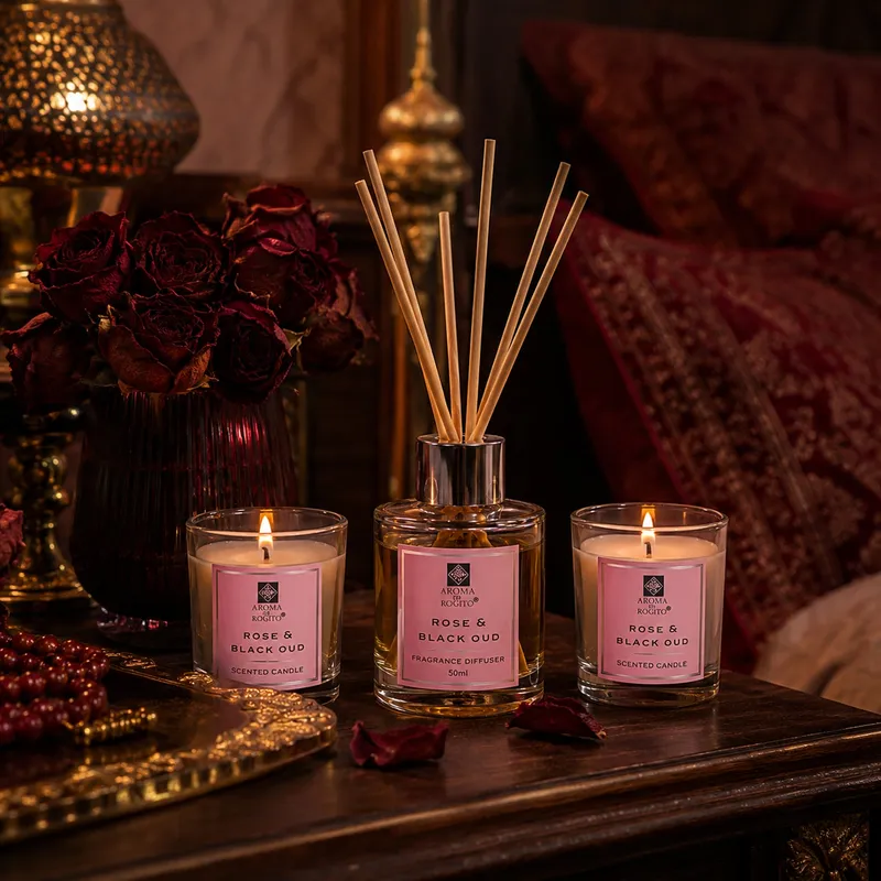 Zestaw Dyfuzor Patyczki 50 ml + 2 Świece Rose & Black Oud