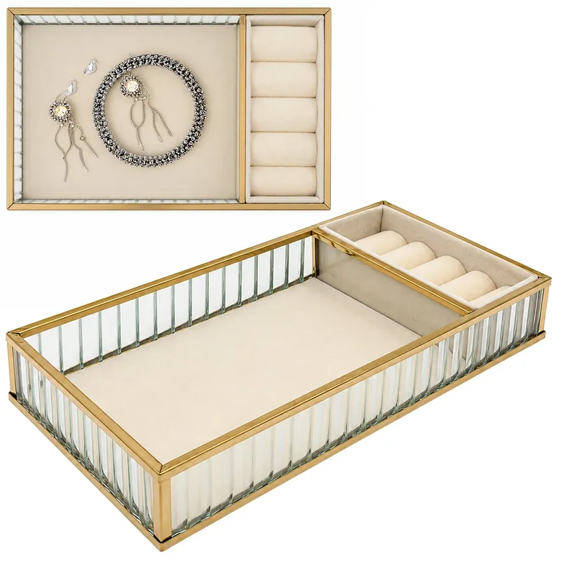 Szklana Szkatułka Organizer Na Biżuterię 26x13x4cm Welurowa - Beżowa